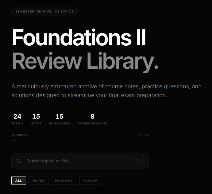 Foundations II Exam Archive — A structured study portal for CSE 2331 (Foundations II) notes and practice problems.